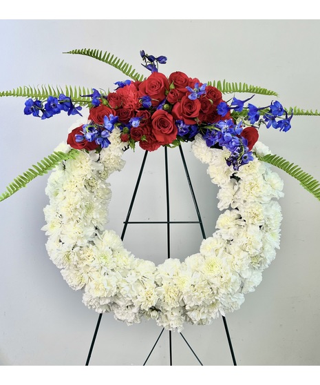 Blue & White Funeral Flower Wreath by Everyday Flowers