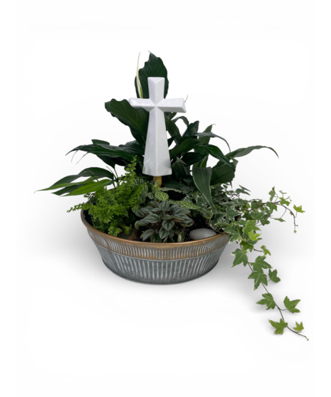 large dish garden with ceramic cross