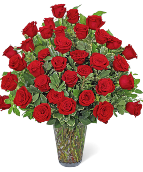 large dramatic floral arrangement with three dozen roses in crystal vase